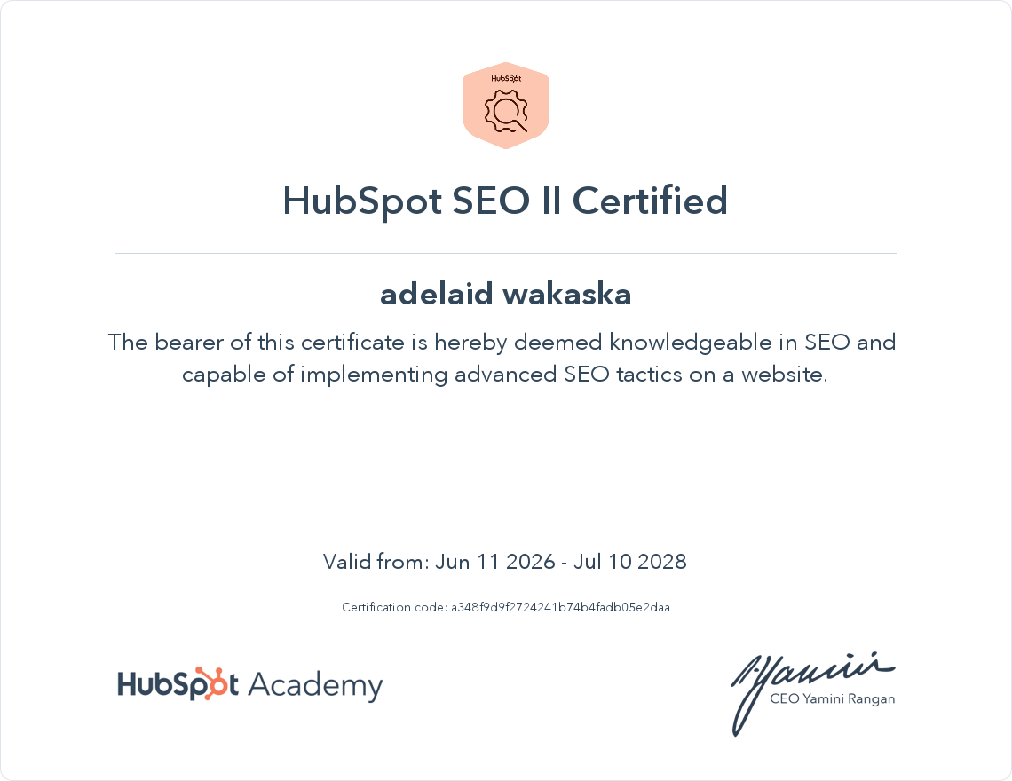 HubSpot Academy SEO II Certified - Adelaid Wakaska